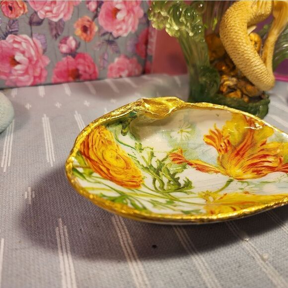 DECOUPAGE CLAM SHELL DECOUPAGE FLOWERS TRINKET DISH - Picture 5 of 11